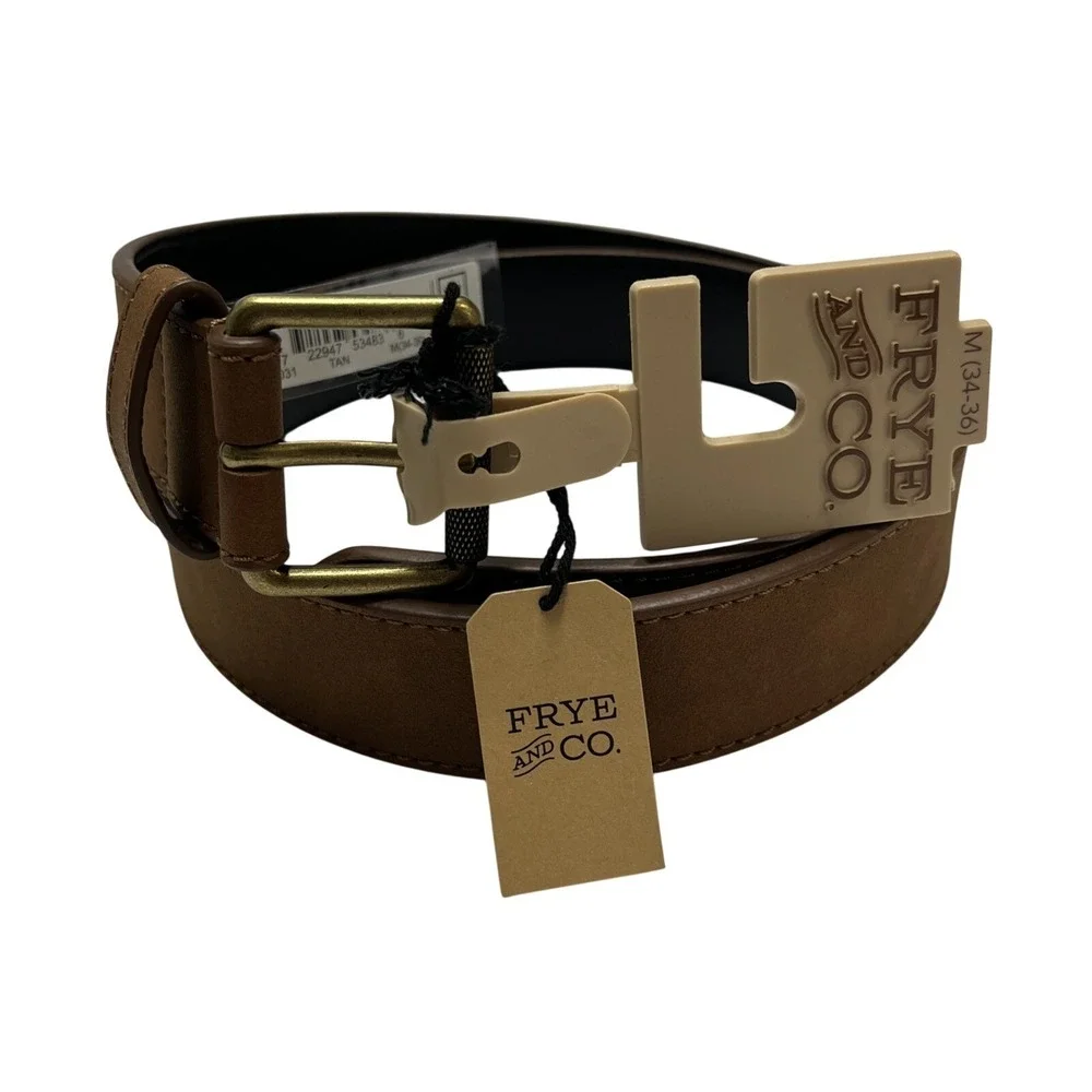 Frye & Co Belt Tan Faux Leather Brass Tone Buckle Size M 34-36 Classic Western